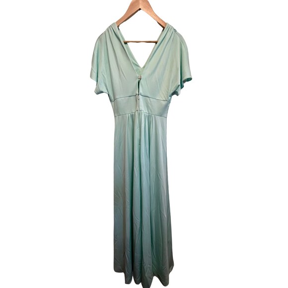 Vintage‎ 70s Dress Evening Gown Mint Green Long Maxi V Neck Empire Waist Flowy S - Picture 10 of 16